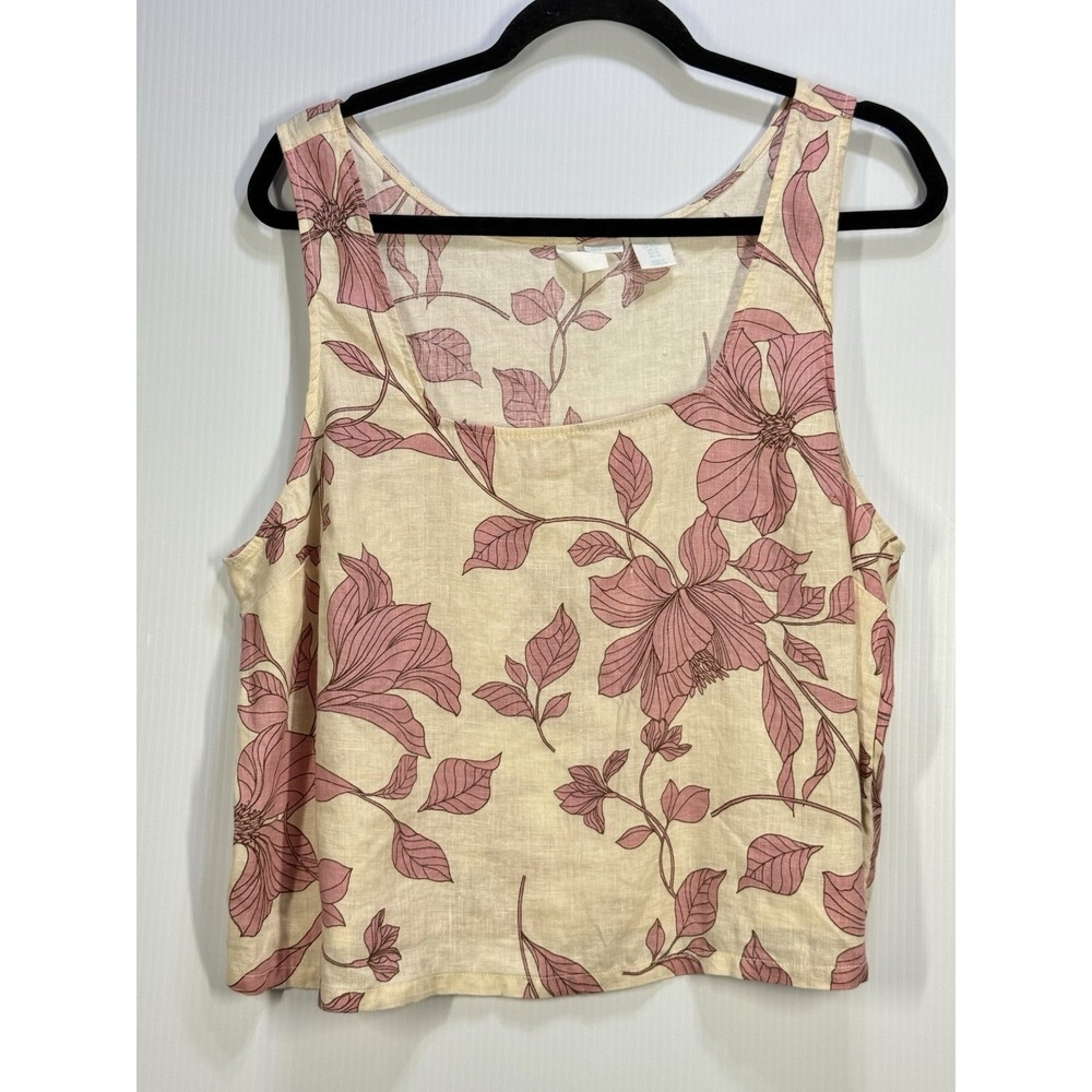 Cynthia Rowley 100% Linen Top Tank Sleeveless Pink Beige Floral Tropical Size XL